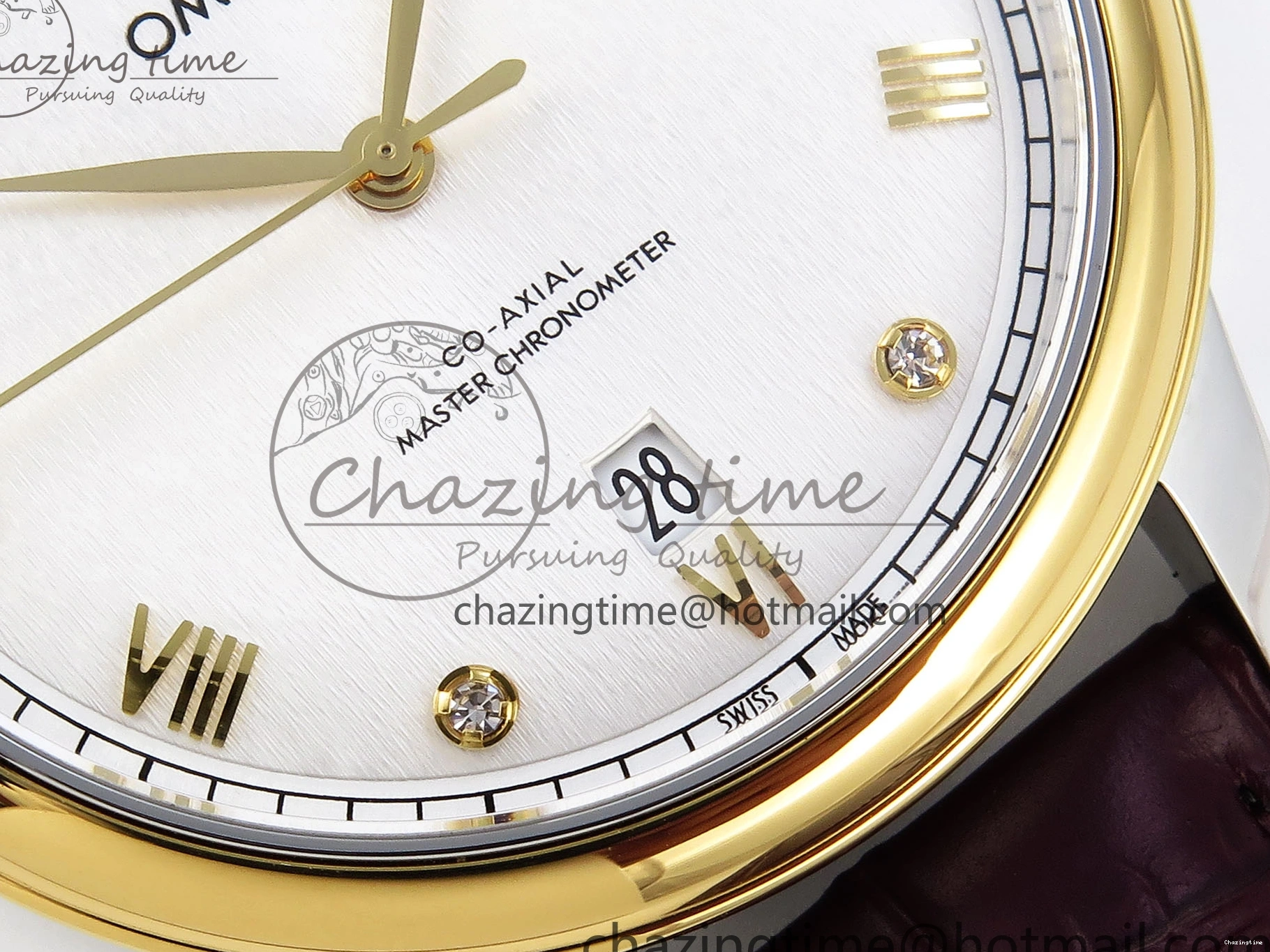 0421 De Ville Date YG MKF 1:1 Best Edition White Textured Dial Diamonds Marker on Brown Leather Strap A WaterResistant 7754